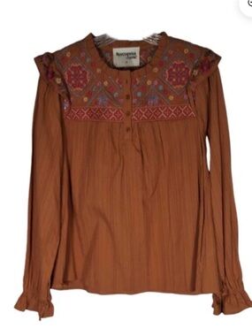 Savanna Jane Embroidered Boho Blouse Rust Orange Ruffle Long Sleeve Top Small